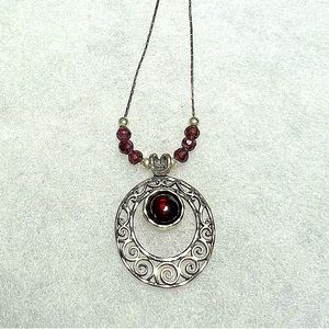 Vintage Rhodolite Garnet & Pearl Oval Scroll Sterling Silver Necklace